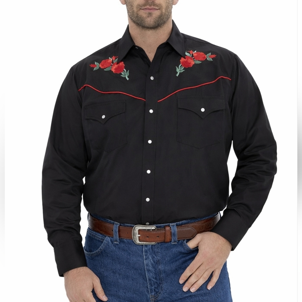 Ely Cattleman Long Sleeve Western Snap Shirt with Rose Embroidery XXL